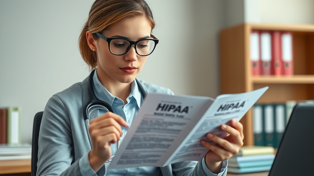 Thoughtful healthcare administrator reading HIPAA privacy guidelines on tablet, office with policy binders and legal books, composed and mindful - HIPAA considerations patient reviews strategy