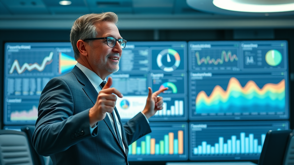 Healthcare executive presenting review analytics on digital dashboard, conference room with trend graphs and charts, cool blue and green colors, diffused lighting - patient reviews strategy analytics