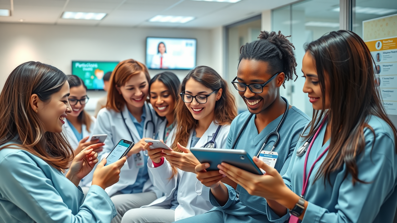 Diverse group of doctors browsing patient review websites on smartphones in clinic lobby