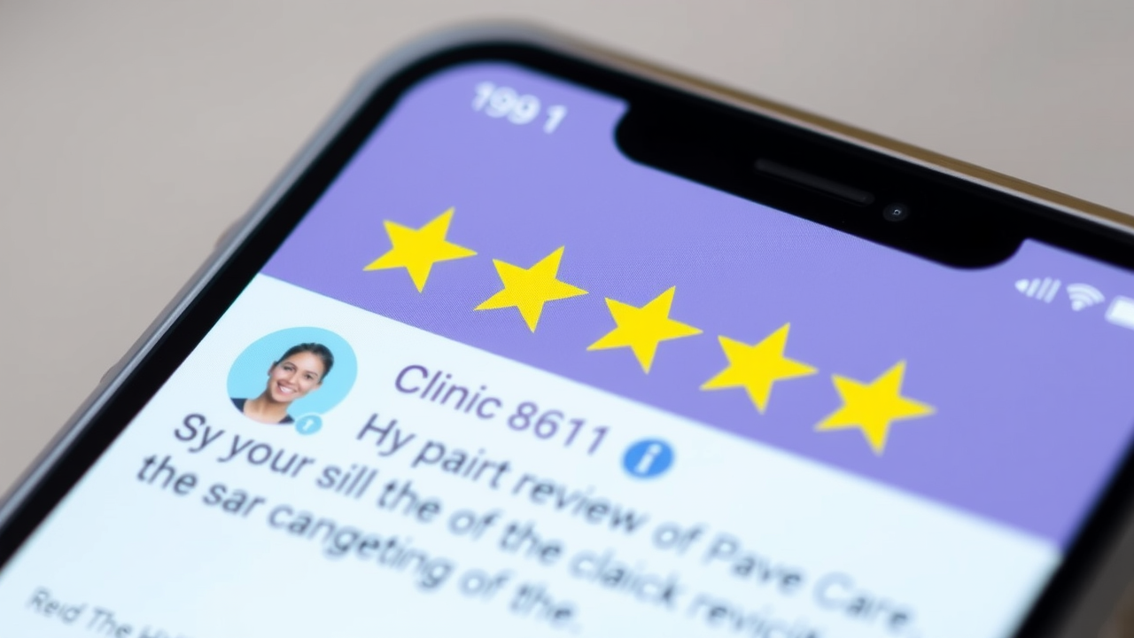 Close-up of smartphone screen showing 5-star patient reviews for a clinic or healthcare provider.