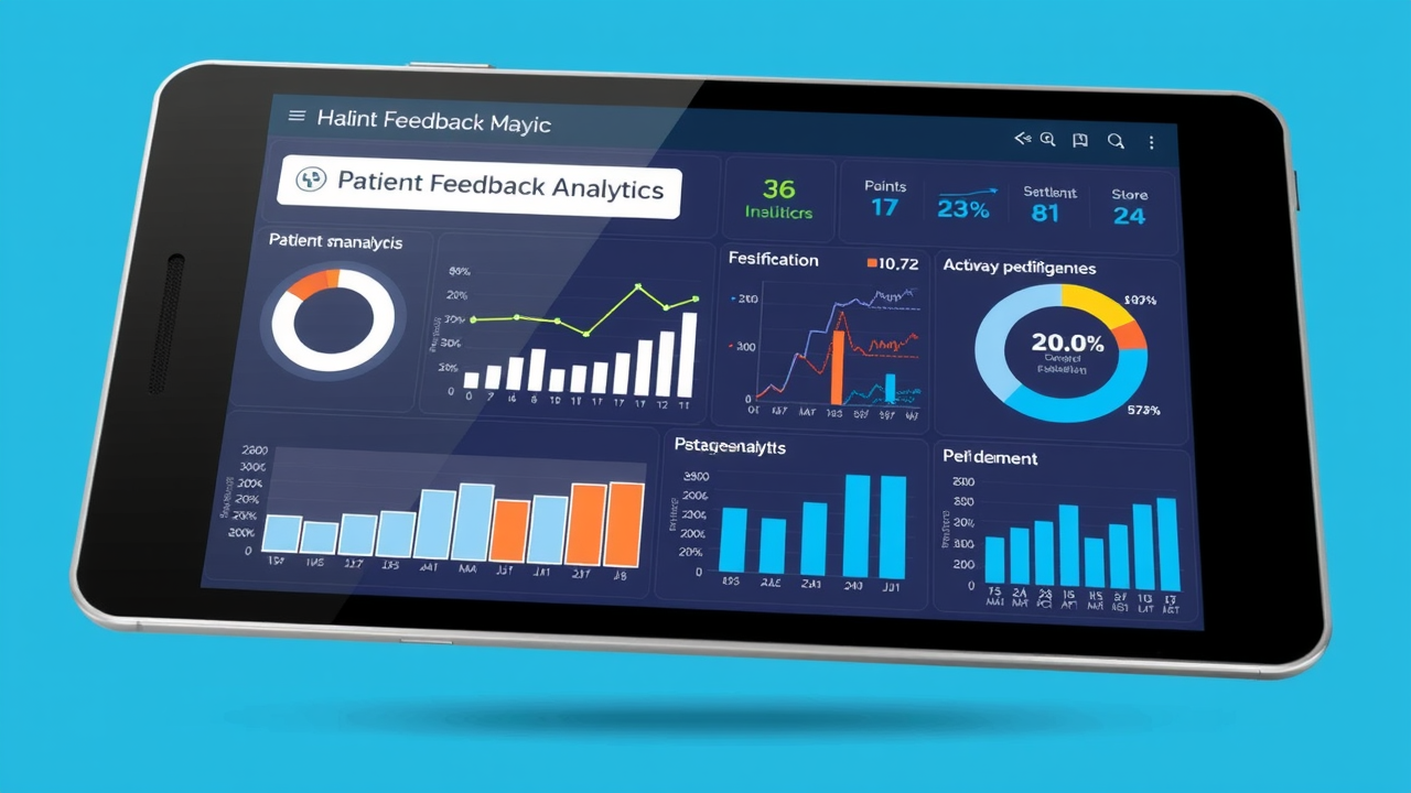 Healthcare dashboard showing patient feedback analytics, with charts, graphs, and satisfaction scores on a tablet or computer screen.