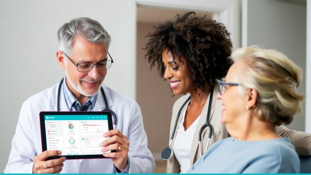 Doctor reviewing patient surveys on a tablet while interacting with a patient, highlighting improvements in care.