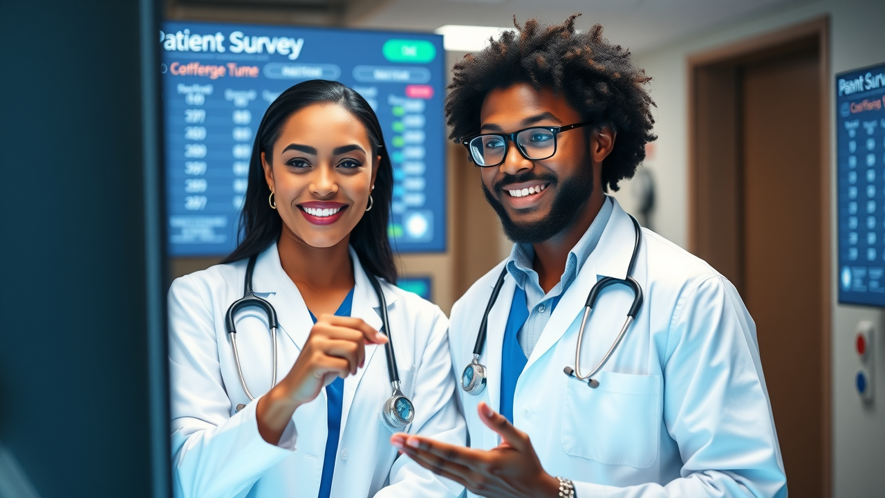 hospital team reviewing patient satisfaction survey results, service quality