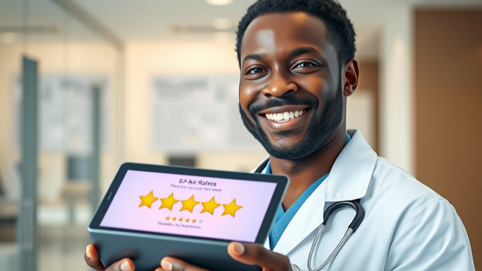Doctor holding a digital tablet showing star ratings and patient reviews