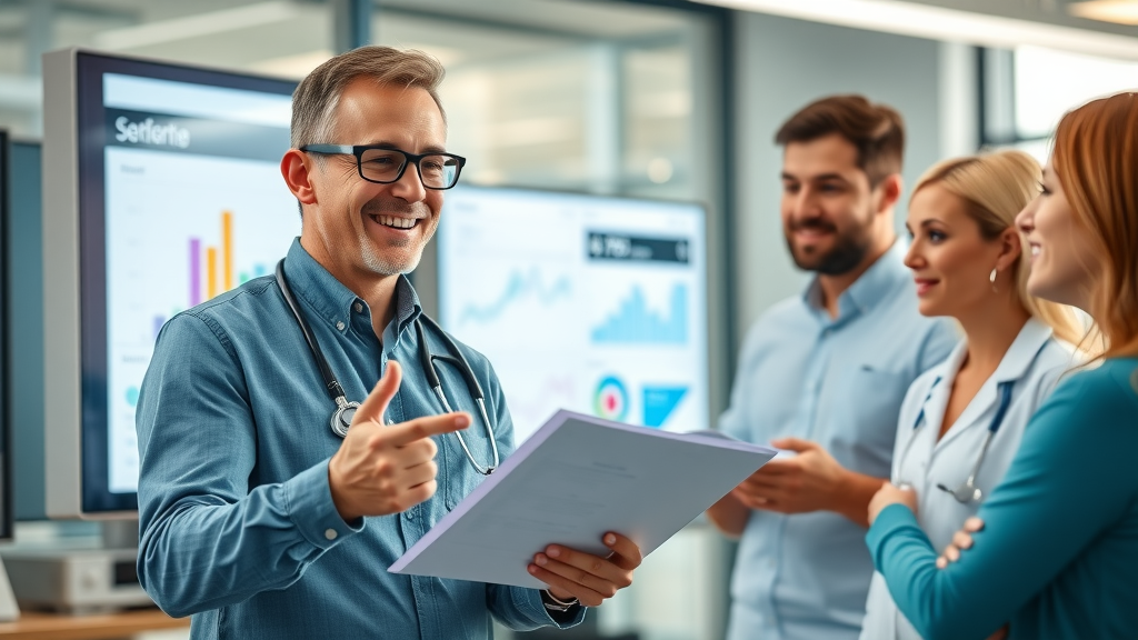 healthcare administrator reviewing patient engagement and online reputation metrics