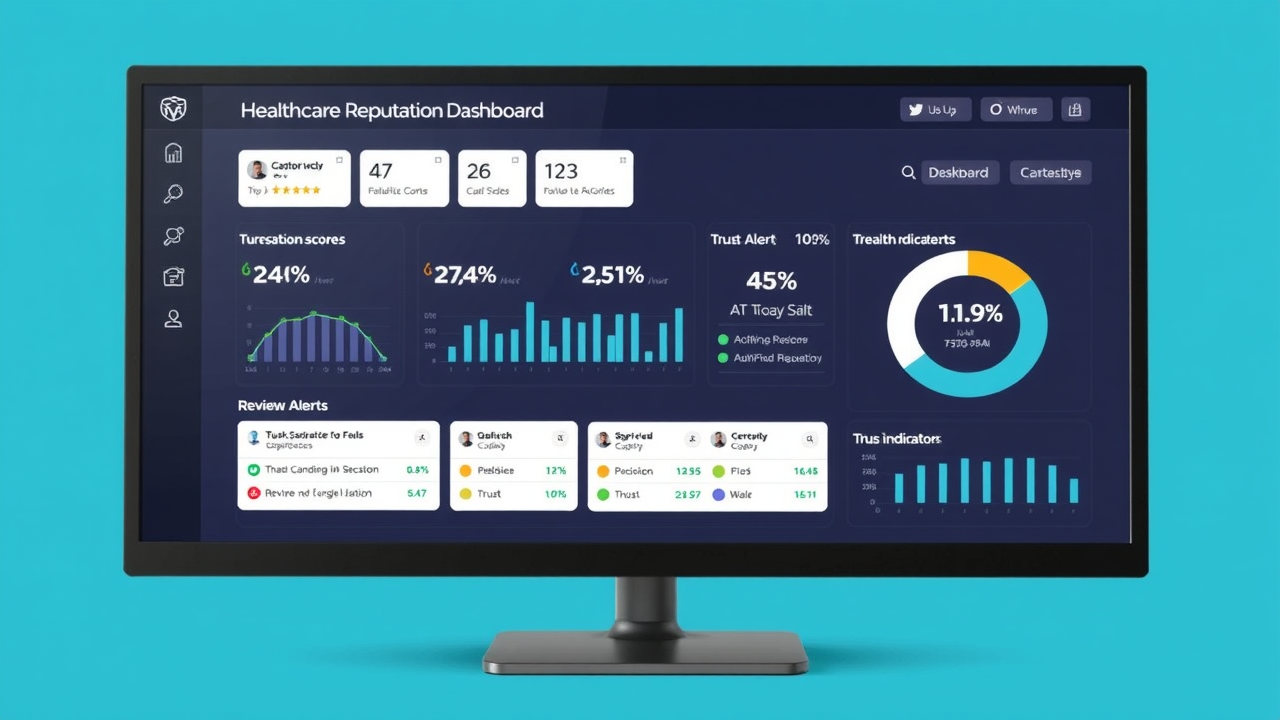 Healthcare reputation dashboard on a computer screen, displaying satisfaction scores, review alerts, and trust indicators.