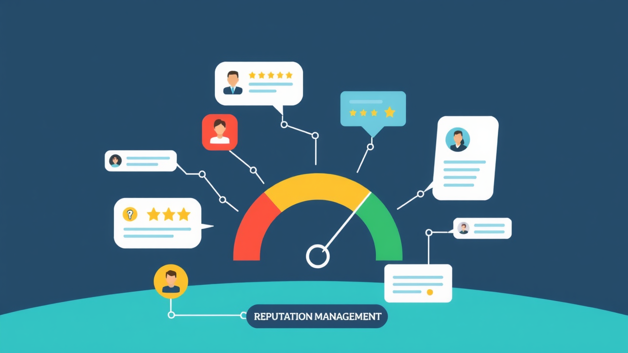Illustrated concept of reputation management, with reviews, ratings, and feedback feeding into a “trust meter” graphic.
