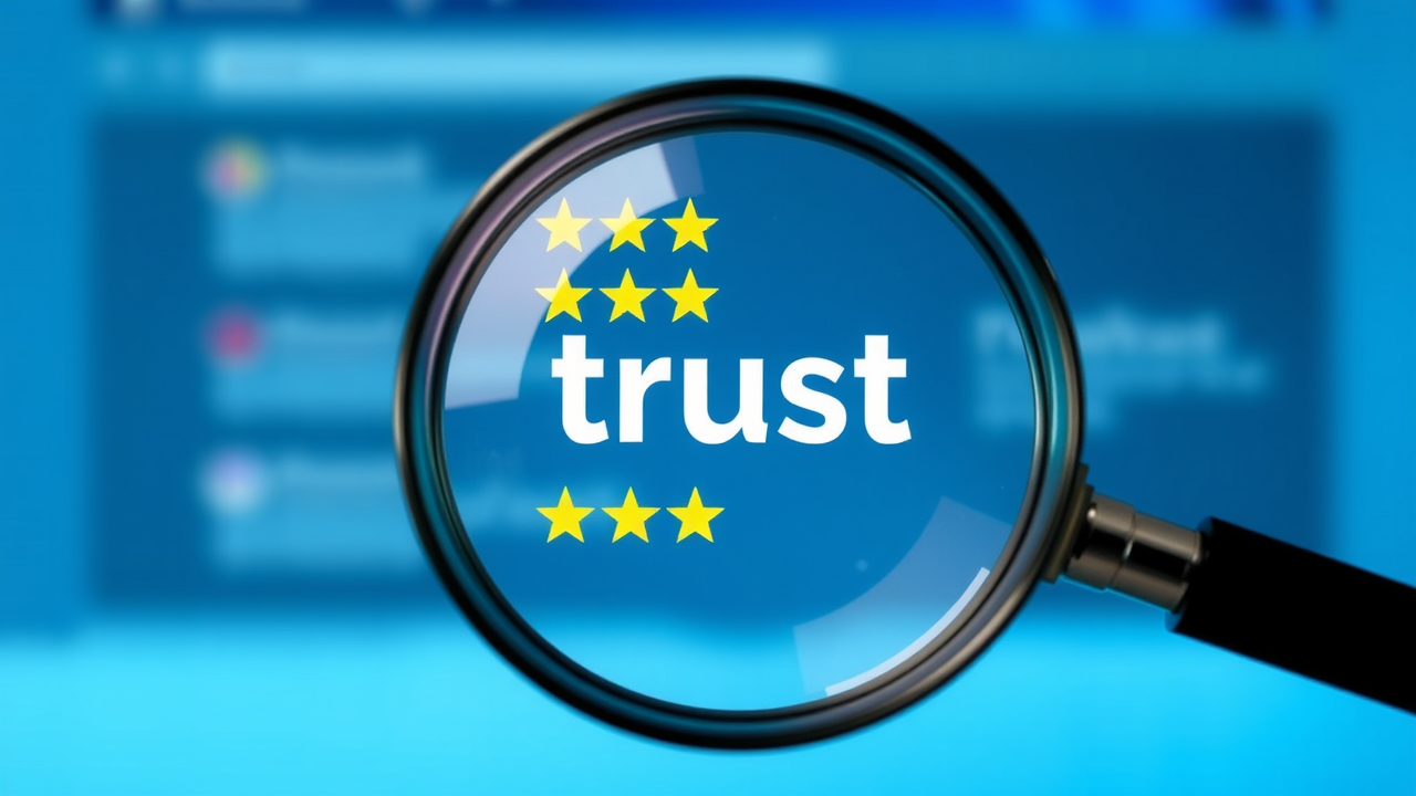 Magnifying glass over online reviews, highlighting keywords like “trust,”