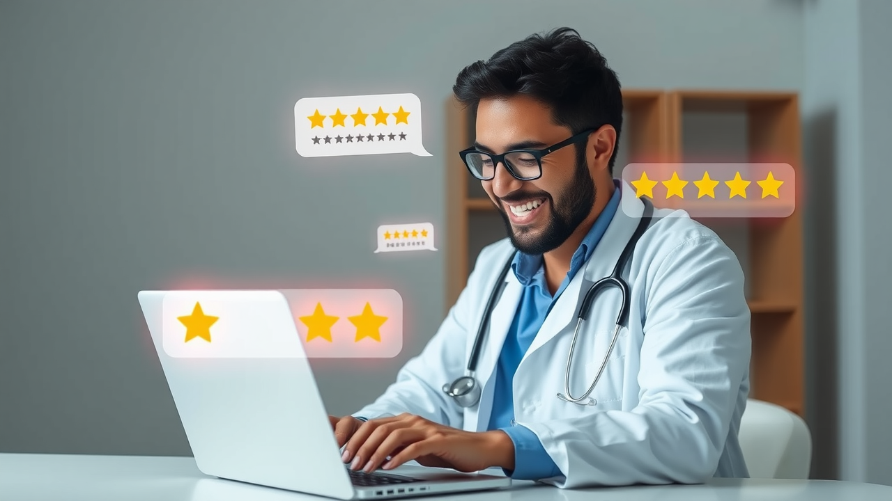 Doctor smiling while reading patient reviews on a laptop, with glowing 5-star icons and review bubbles floating around.