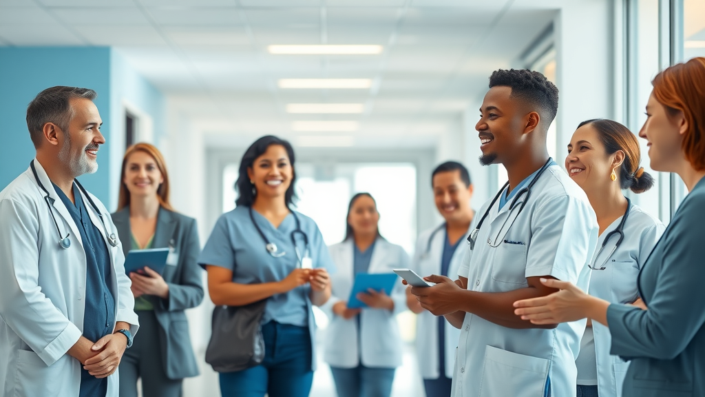 realistic modern medical clinic reception, welcoming atmosphere, staff smiling, interacting respectfully with diverse patients, online patient reviews