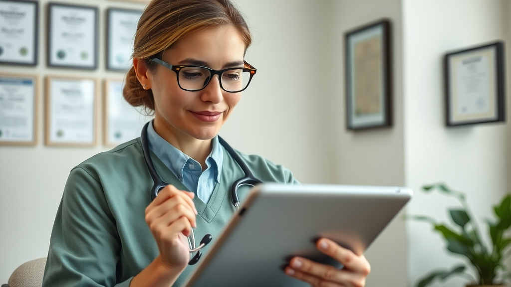 thoughtful healthcare professional reading online patient reviews on tablet, healthcare provider trust