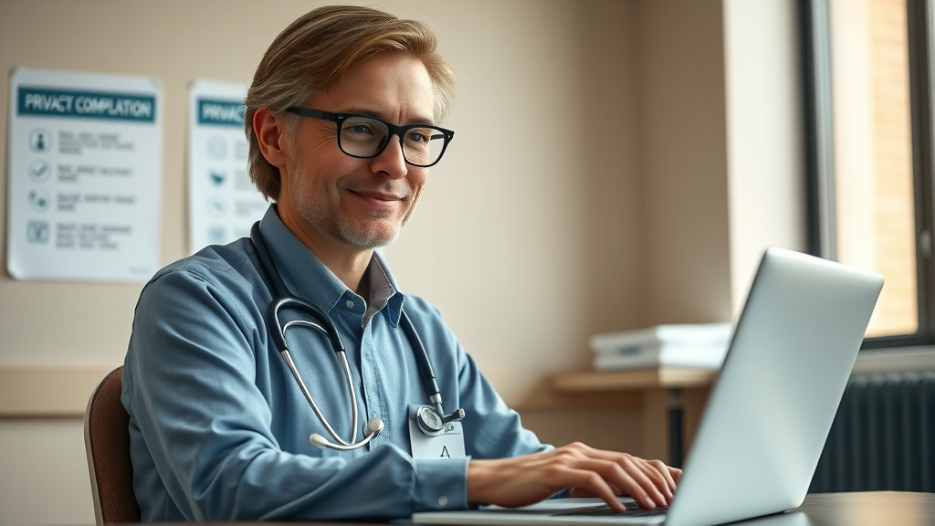 confident healthcare administrator responding to patient reviews, privacy compliance