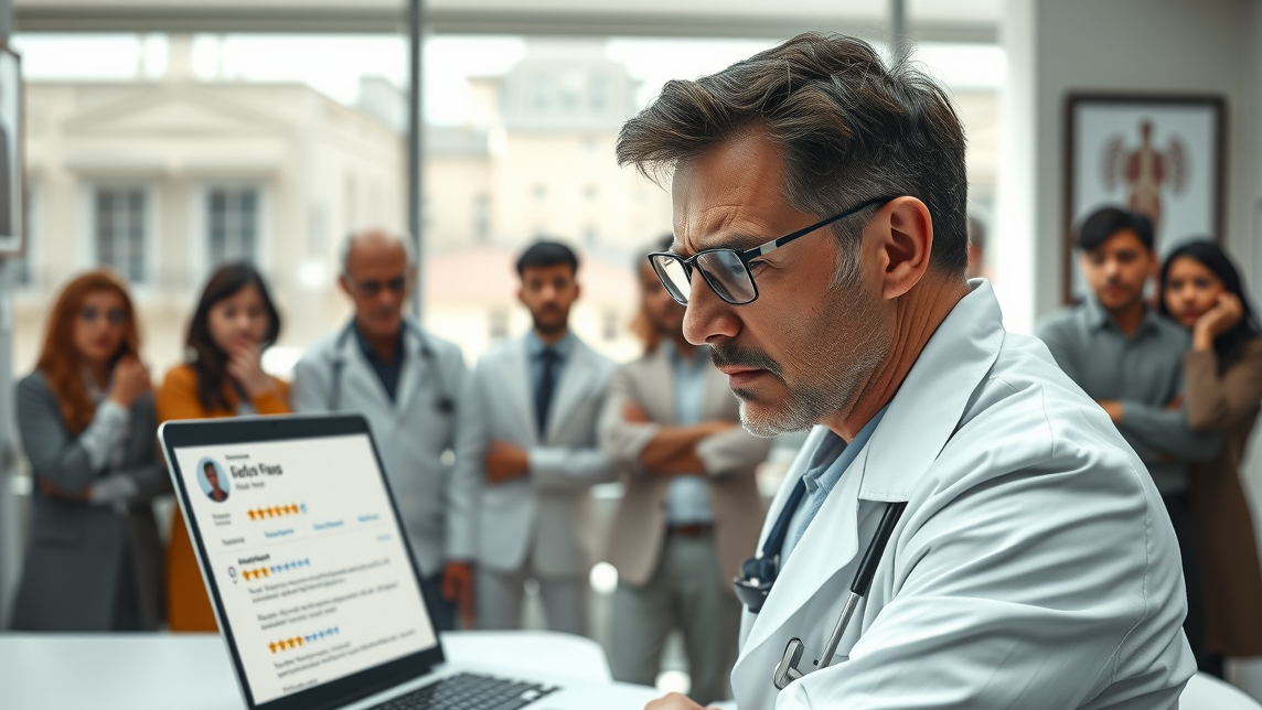 Doctor ignoring a laptop screen filled with negative patient reviews and low star ratings, while patients look disappointed in the background.