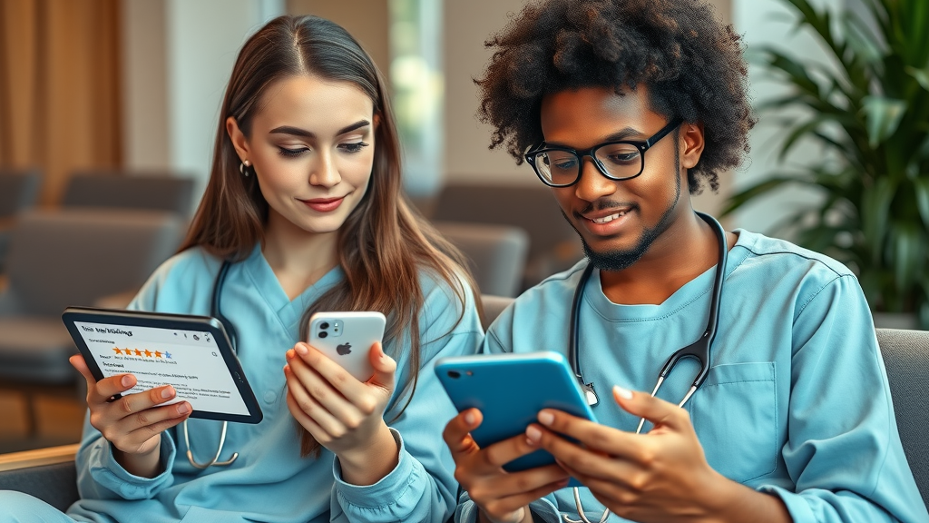 2 doctors comparing online patient reviews on multiple review sites