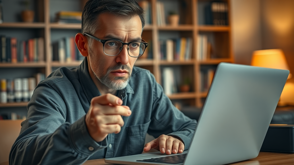 cautious patient evaluating authenticity of online patient reviews on laptop