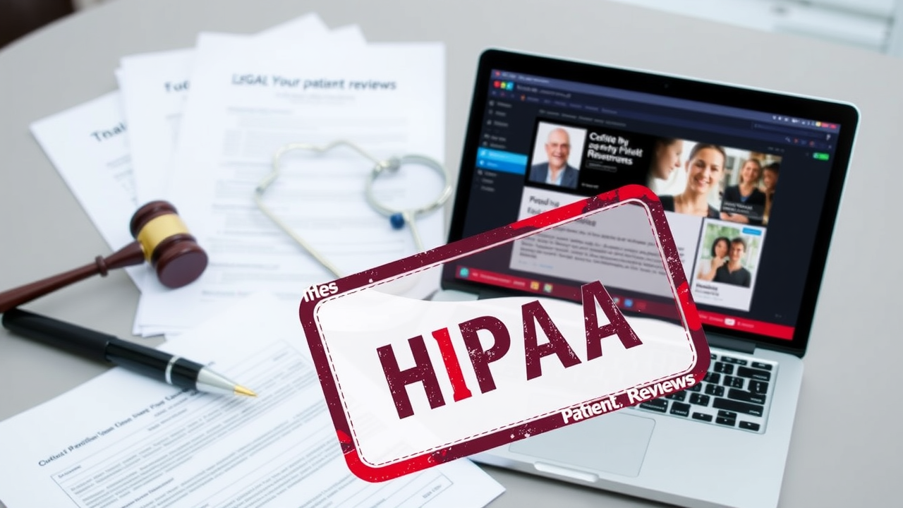 Legal/medical documents with HIPAA stamped next to a laptop displaying online patient reviews.