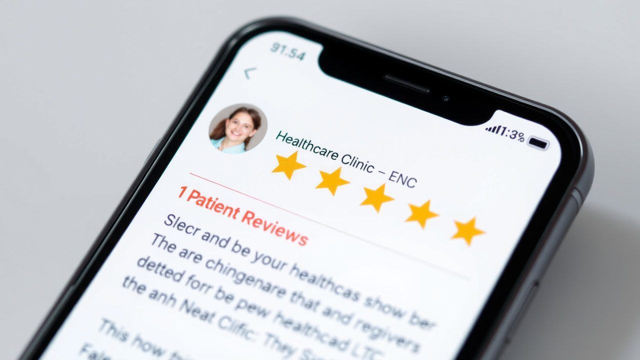 Smartphone screen close-up showing online patient reviews and star ratings for a healthcare clinic.