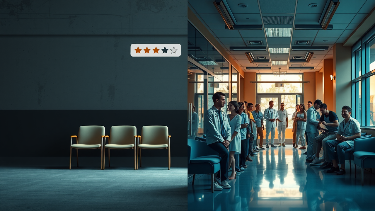 Split-screen concept: left side with poor online reviews leading to empty waiting rooms; right side with positive reviews leading to a busy, thriving clinic.