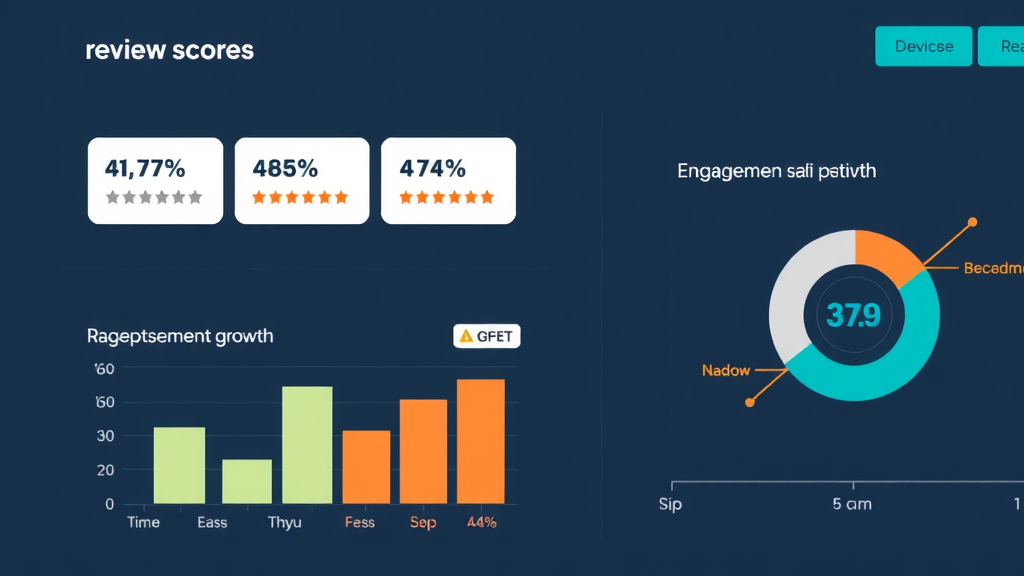Healthcare dashboard graphic displaying analytics: review scores, patient satisfaction percentages, and engagement growth.