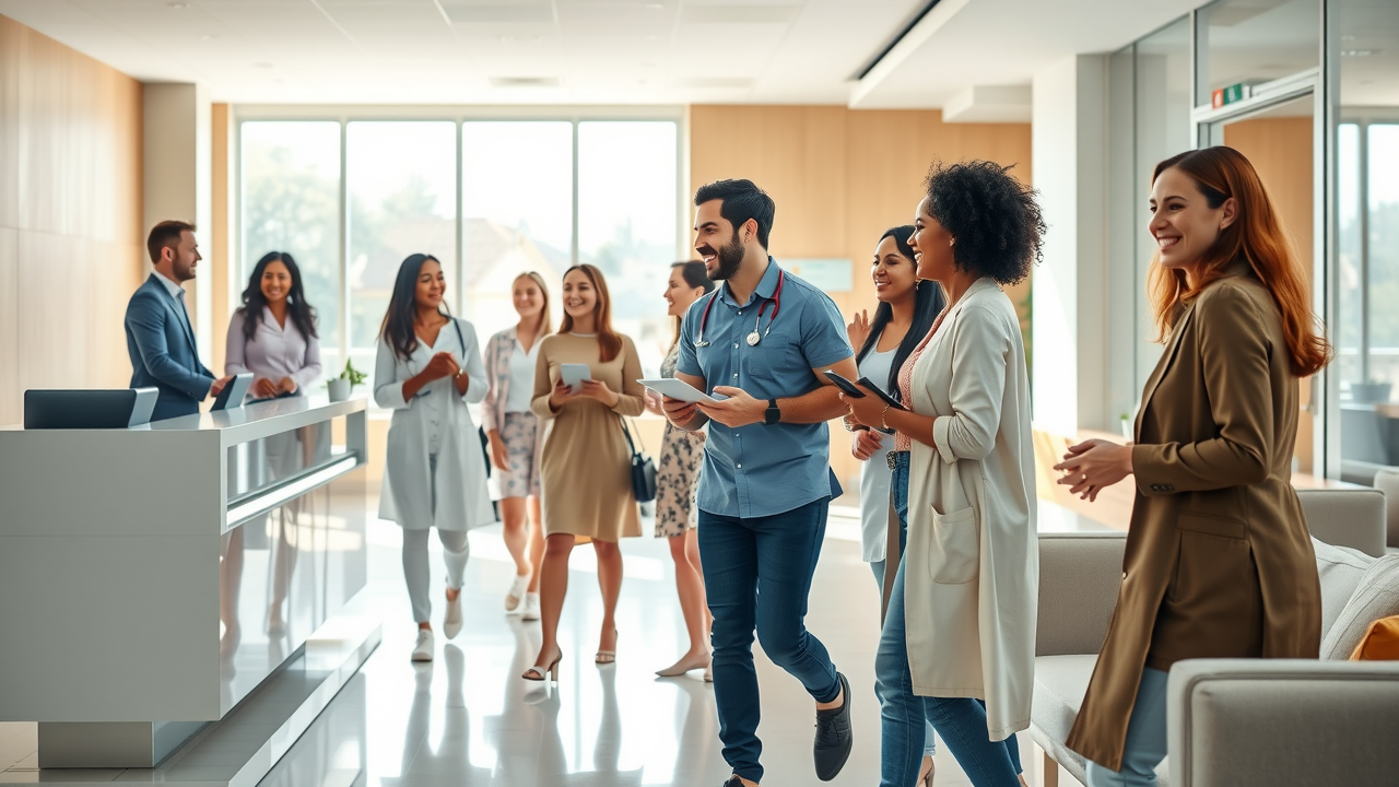 Patient satisfaction improvement in a modern clinic with professional staff and happy patients in a bright reception area