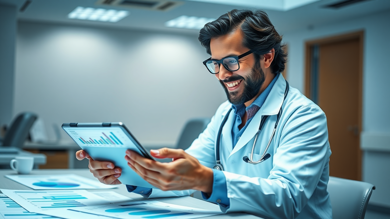 Analyst reviewing patient satisfaction improvement data and charts in a clinic office