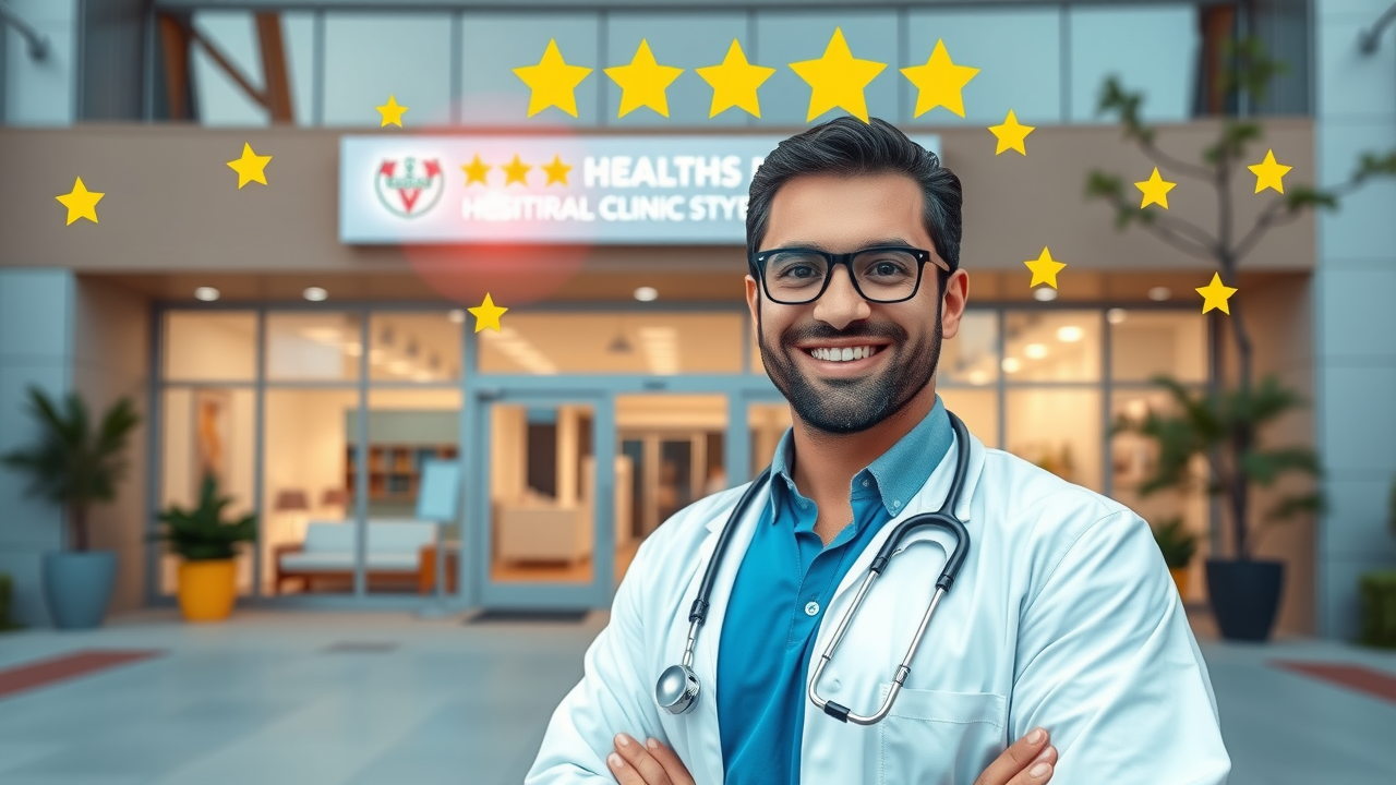 A healthcare leader standing proudly in front of a thriving clinic with a glowing reputation symbolized by positive reviews and five-star icons floating above