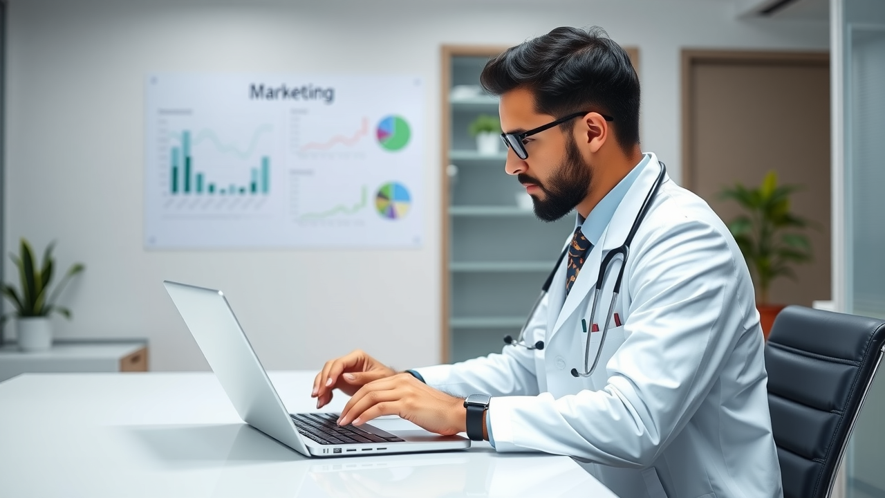 Modern doctor in a white coat sitting at a desk with a laptop, reviewing marketing analytics dashboard, clean medical office background, professional and bright tone