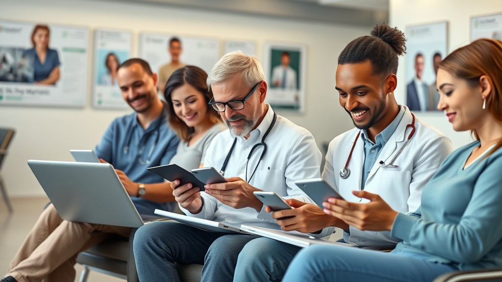 diverse group of patients comparing medical practices on laptops and smartphones in waiting room, medical practice marketing research
