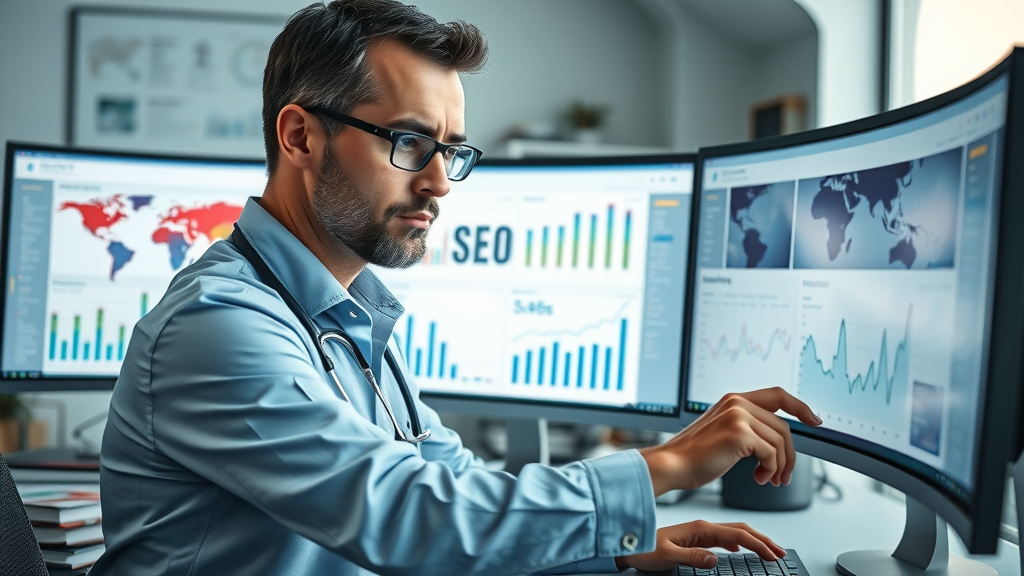 healthcare web marketer analyzing SEO search results and analytics dashboard for medical practice marketing
