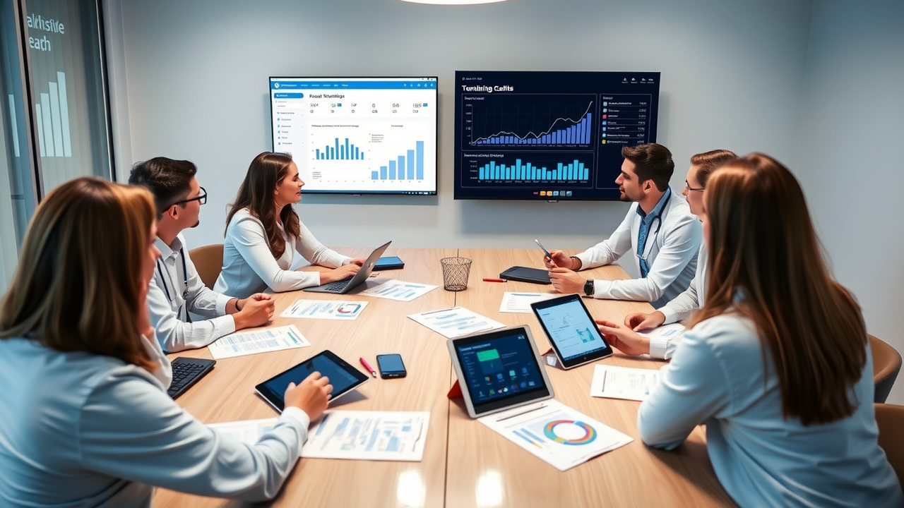 Healthcare team discussing marketing strategy around a conference table, with charts, tablets, and a large screen showing social media and website performance