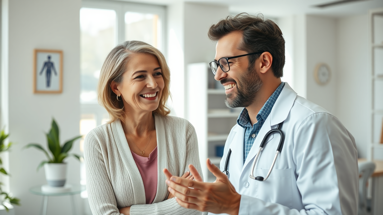 Smiling patient talking with a doctor, symbolizing trust and strong healthcare reputation, bright clinic setting, warm and welcoming atmosphere