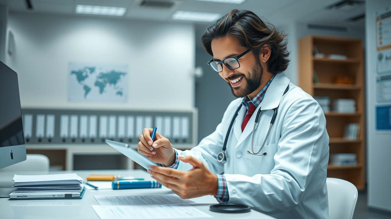 organized physician checking off digital marketing checklist for medical practice marketing in clinic office