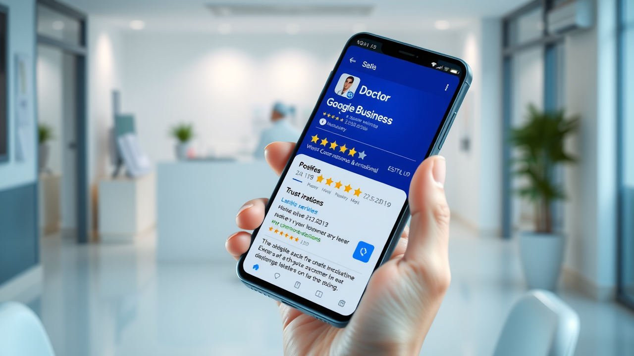 Smartphone displaying Google Business profile of a local medical practice, with positive star ratings and reviews, digital marketing theme