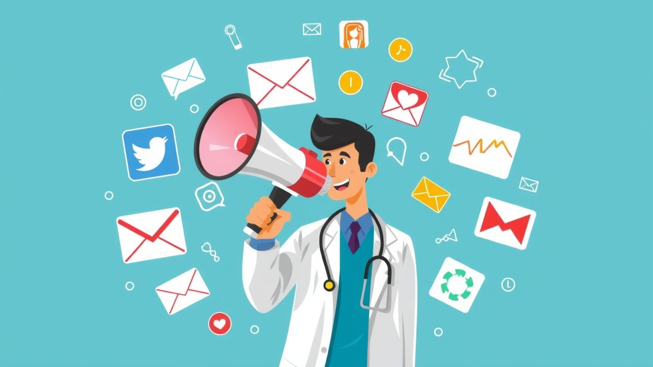 Illustration of a doctor holding a megaphone surrounded by digital icons—social media, email, reviews—representing medical marketing outreach