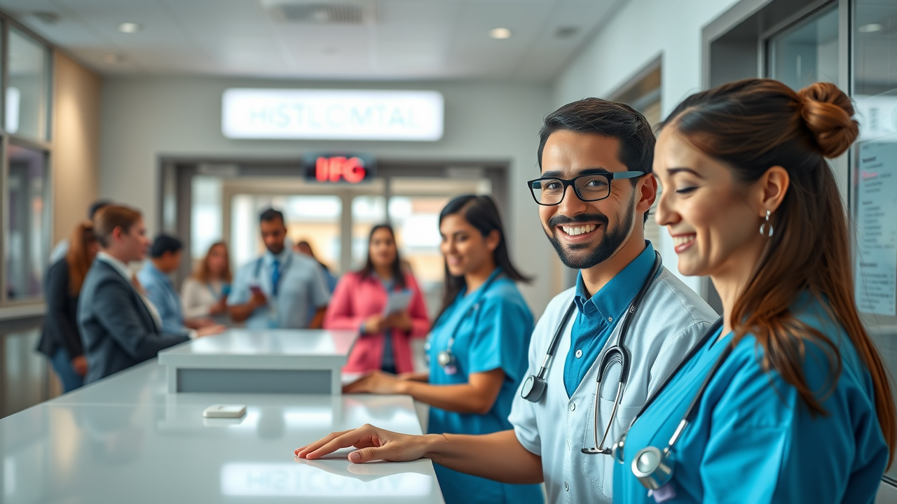 Welcoming hospital lobby with staff greeting patients - patient experience optimization