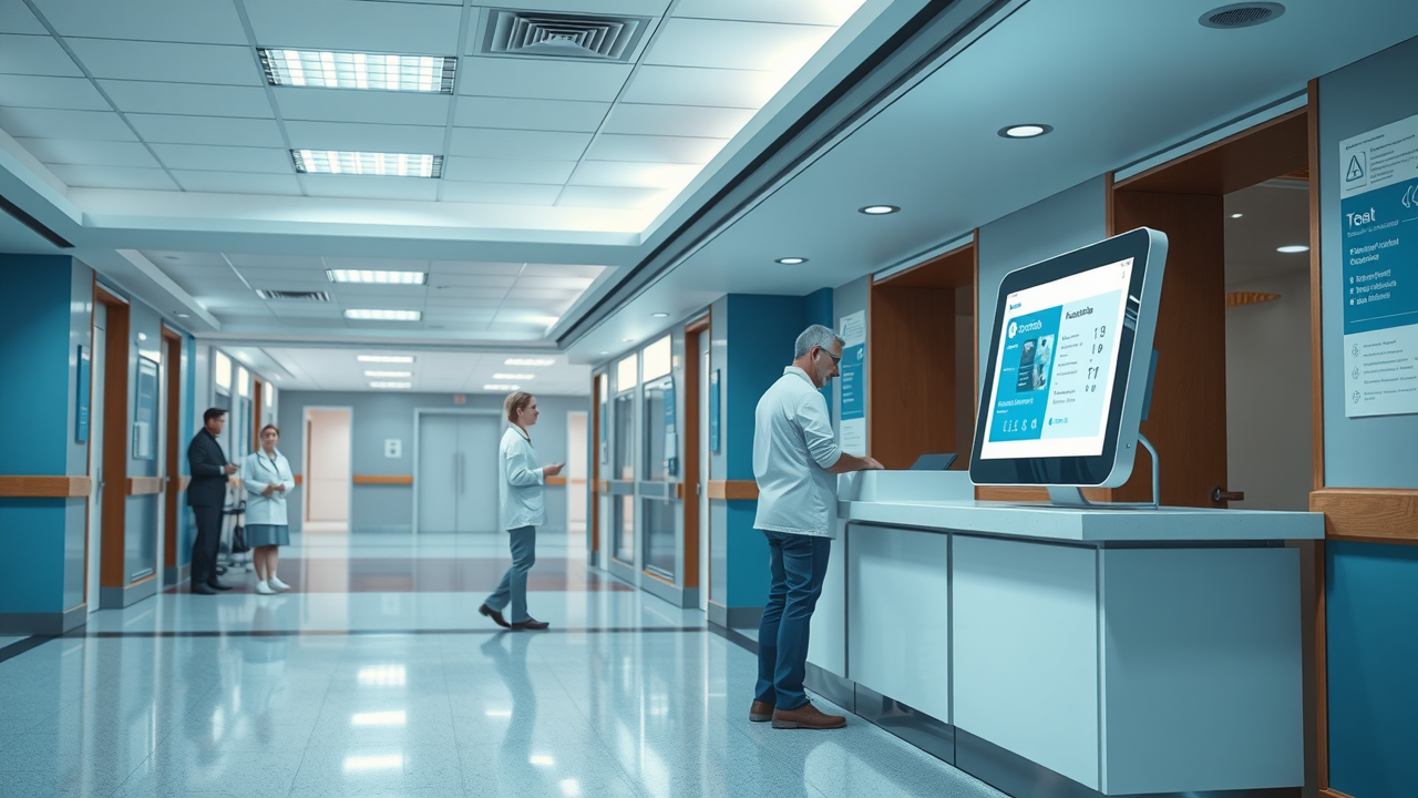 Patient checking in with digital kiosk at medical reception - improve patient experience