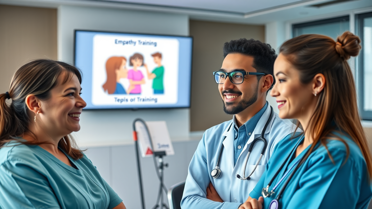 Healthcare professionals training on empathy in seminar room - patient experience optimization