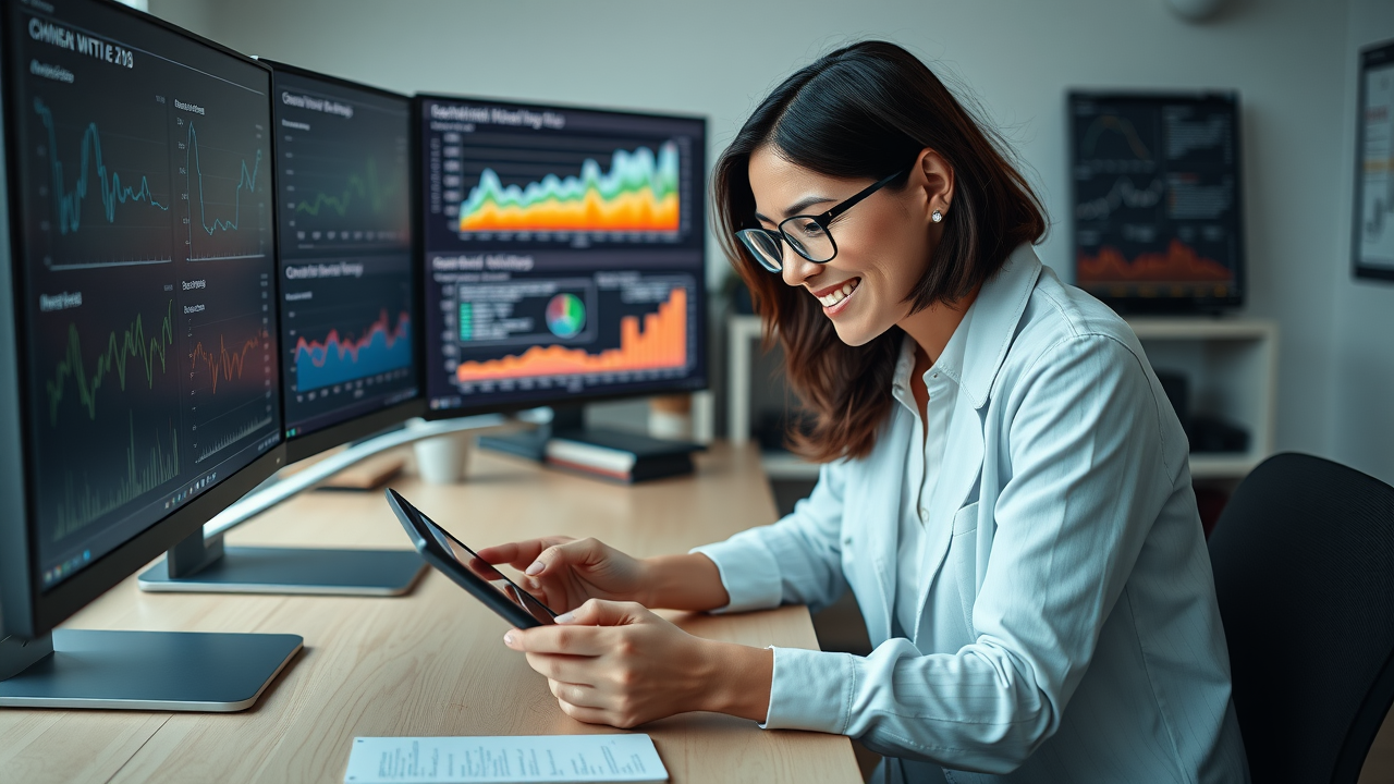 Health data analyst reviews patient satisfaction data on digital monitors