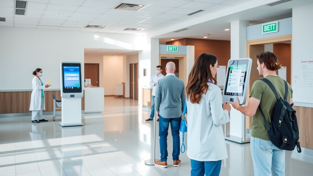 A modern healthcare clinic lobby with digital kiosks and patients using tablets to check in, soft natural lighting, clean and welcoming design.
