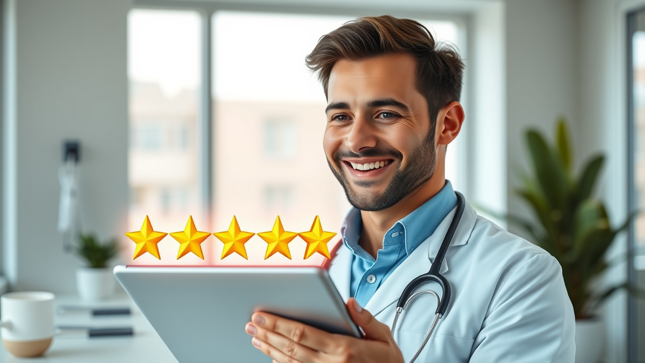 A modern healthcare provider smiling while checking positive online patient reviews on a tablet, with rating stars floating above the screen