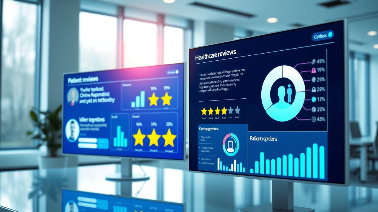 A sleek, modern digital interface showcasing a healthcare review platform, vibrant and engaging, highlighting patient testimonials and star ratings, 