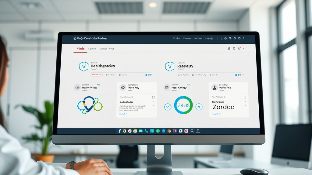Comparison dashboard featuring multiple top healthcare review platforms including Healthgrades, Vitals, RateMDs, and Zocdoc