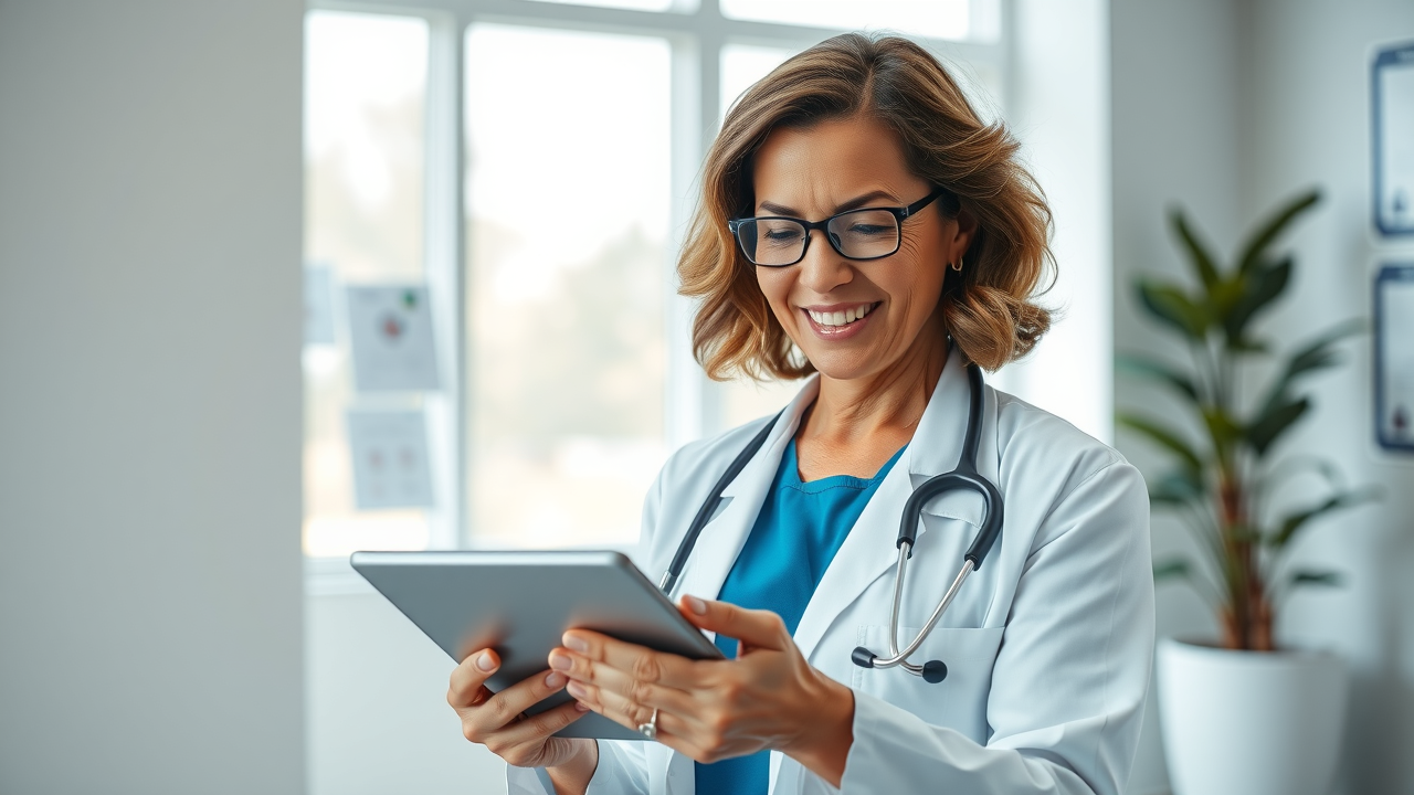 a compassionate healthcare professional actively responding to patient reviews on a sleek digital tablet