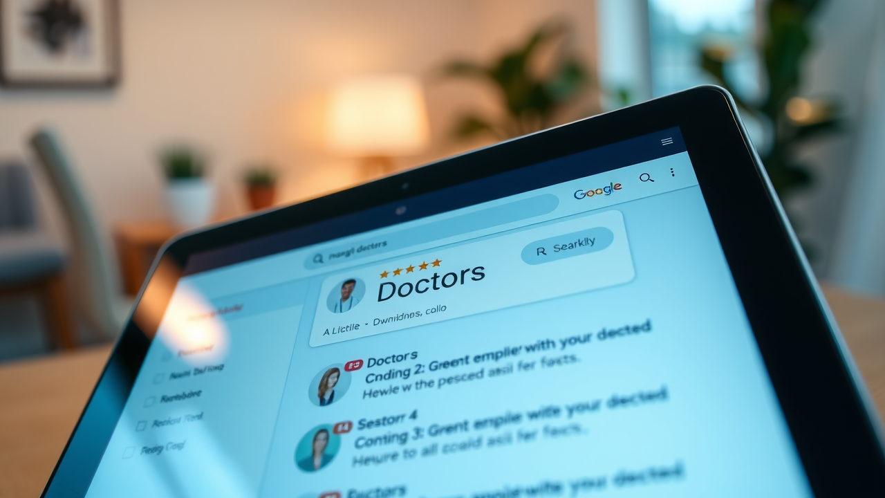 close-up of a modern tablet screen displaying a Google Search results list of doctors, each profile showing a clear 5-star rating
