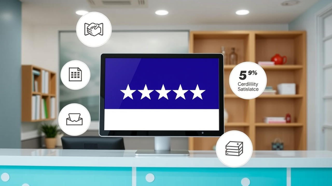 Healthcare clinic front desk with a computer screen displaying a 5-star review, surrounded by icons of trust, credibility, and satisfaction.
