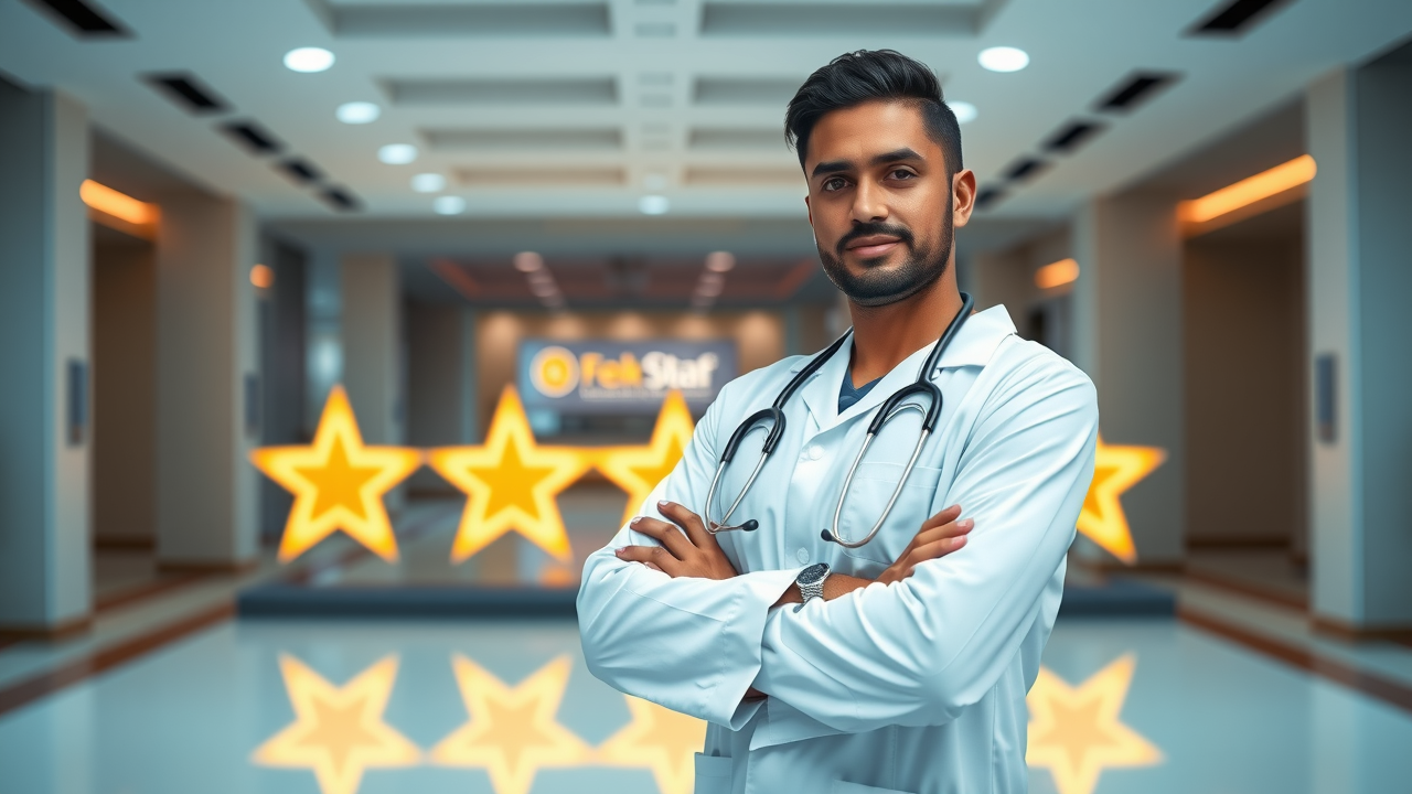 healthcare professional standing confidently in front of a giant glowing 5-star rating board, symbolizing strong online reputation.