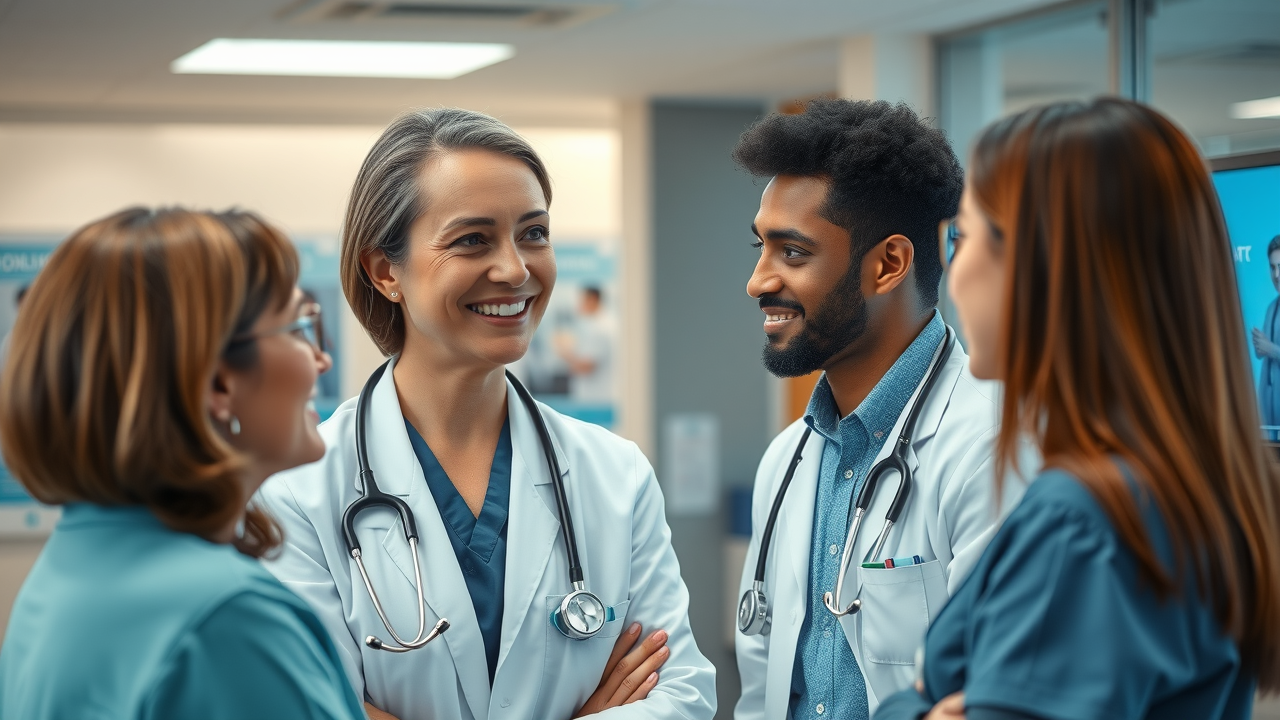 thoughtful healthcare provider discussing patient engagement techniques with an attentive diverse patient family in a modern clinic