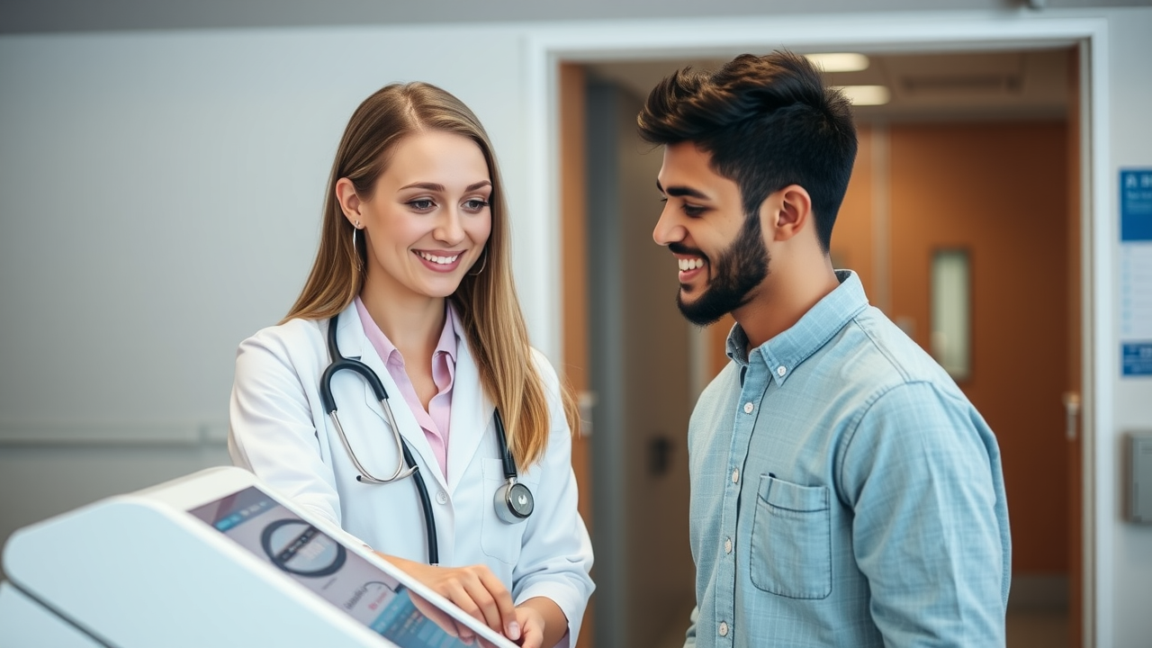 modern hospital receptionist guiding patient through touchscreen patient portal for improved engagement
