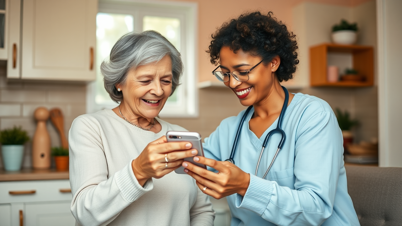 friendly nurse helping elderly patient set up smartphone reminders for care plan follow-ups at home