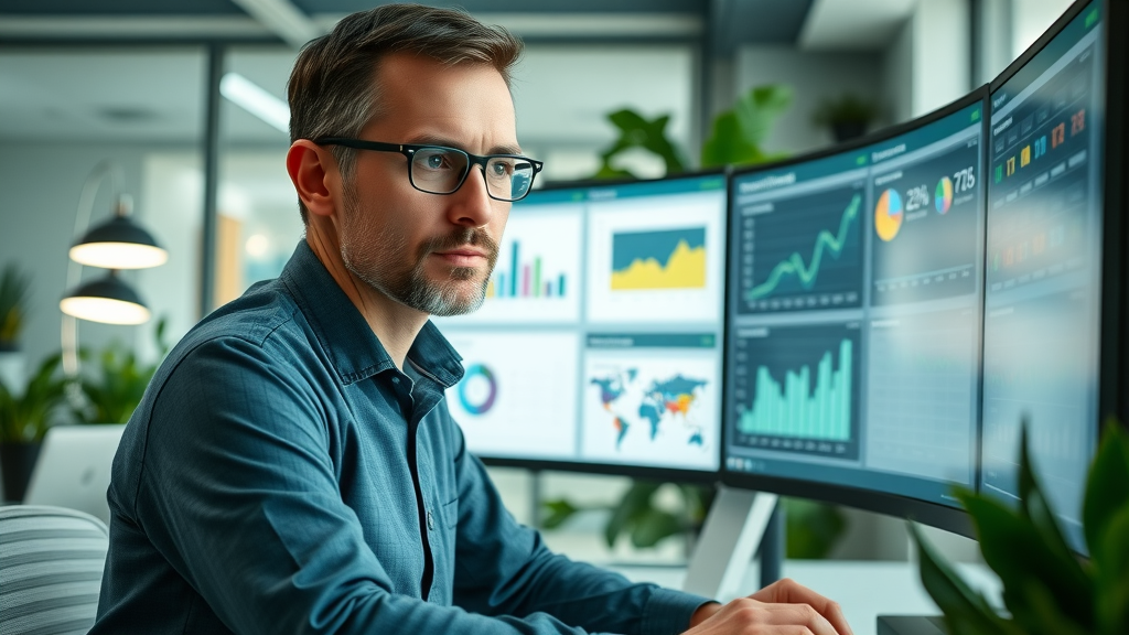 thoughtful data analyst reviewing patient engagement data and charts to inform strategy adaptation